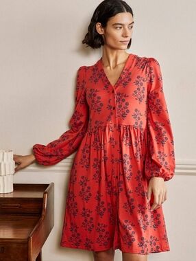 Boden Dress Size 4 Red-Orange Floral Mini Button Through Jersey Long Sleeve